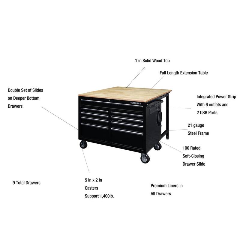 Almacenamiento de herramientas Husky de 46 pulgadas de ancho x 51 pulgadas de profundidad Gabinete de banco de trabajo móvil negro de servicio estándar con mesa de extensión completa de longitud completa - HOTC4609B15M