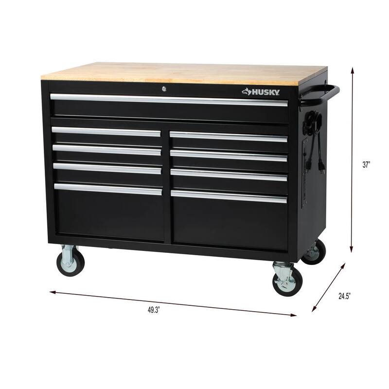 Almacenamiento de herramientas Husky de 46 pulgadas de ancho x 51 pulgadas de profundidad Gabinete de banco de trabajo móvil negro de servicio estándar con mesa de extensión completa de longitud completa - HOTC4609B15M