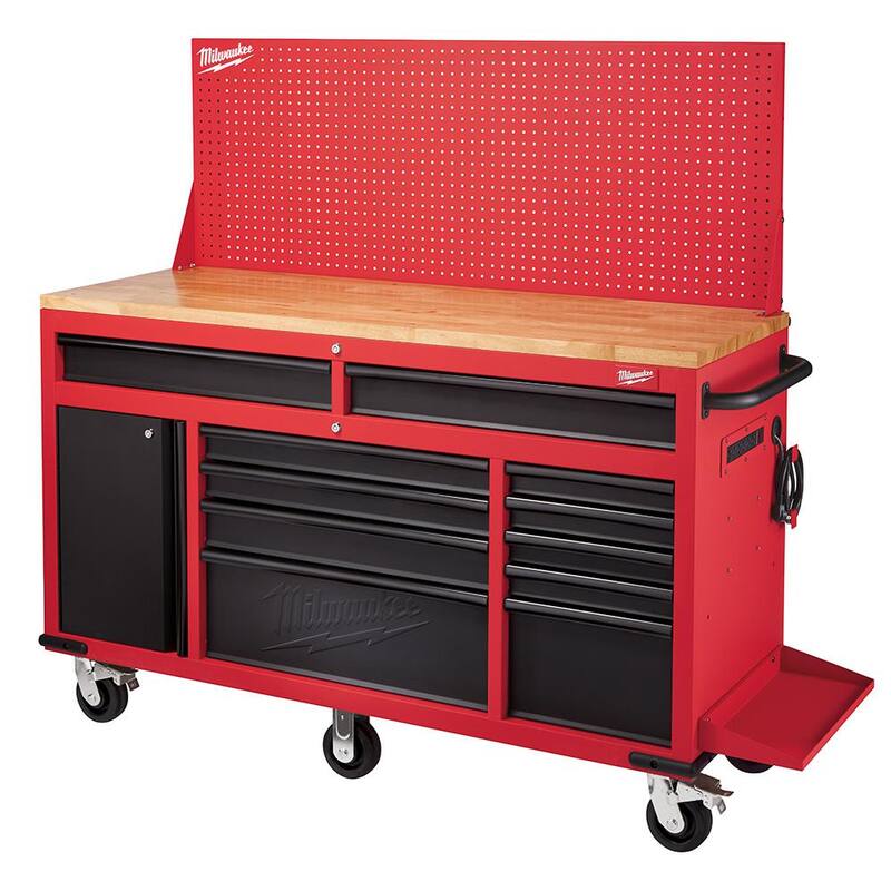 Mesa de trabajo móvil de 61 pulgadas con 11 cajones/1 puerta y panel trasero de tablero corredizo en rojo/negro - 48-22-8561
