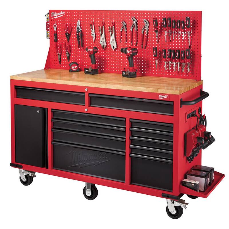 Mesa de trabajo móvil de 61 pulgadas con 11 cajones/1 puerta y panel trasero de tablero corredizo en rojo/negro - 48-22-8561