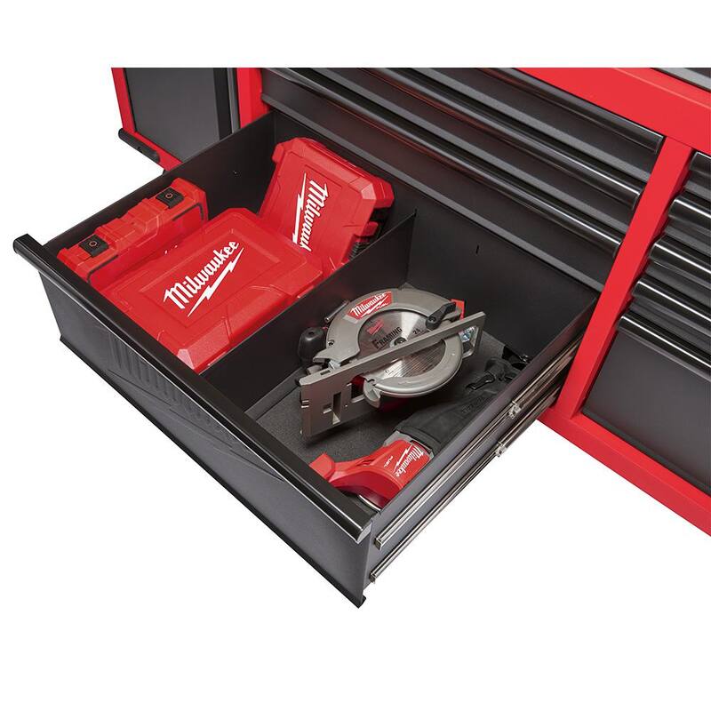 Mesa de trabajo móvil de 61 pulgadas con 11 cajones/1 puerta y panel trasero de tablero corredizo en rojo/negro - 48-22-8561