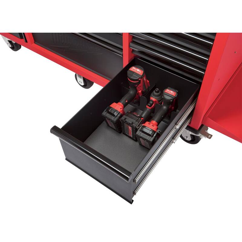 Mesa de trabajo móvil de 61 pulgadas con 11 cajones/1 puerta y panel trasero de tablero corredizo en rojo/negro - 48-22-8561