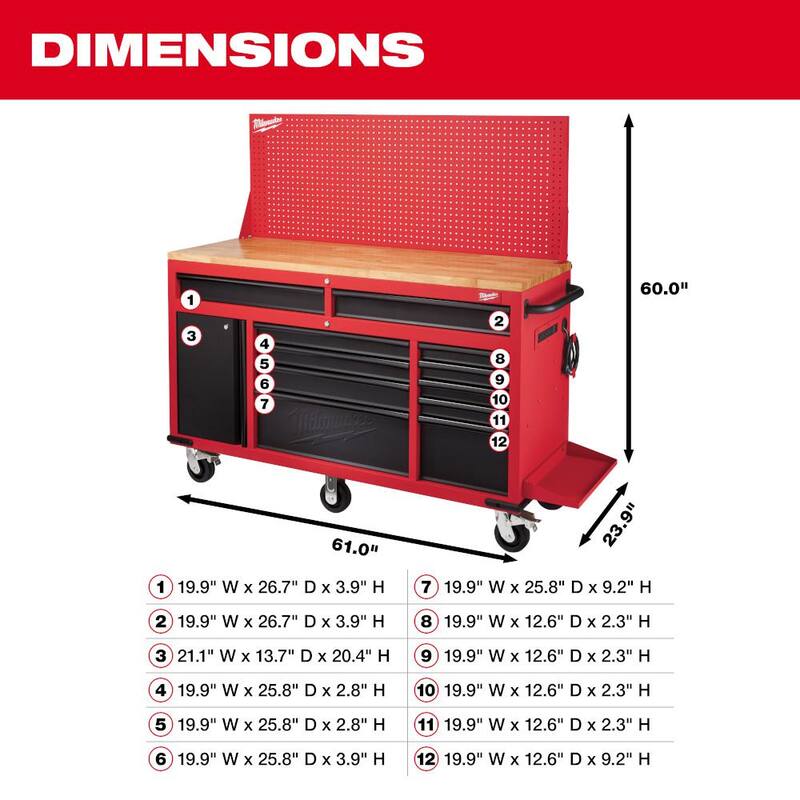 Mesa de trabajo móvil de 61 pulgadas con 11 cajones/1 puerta y panel trasero de tablero corredizo en rojo/negro - 48-22-8561