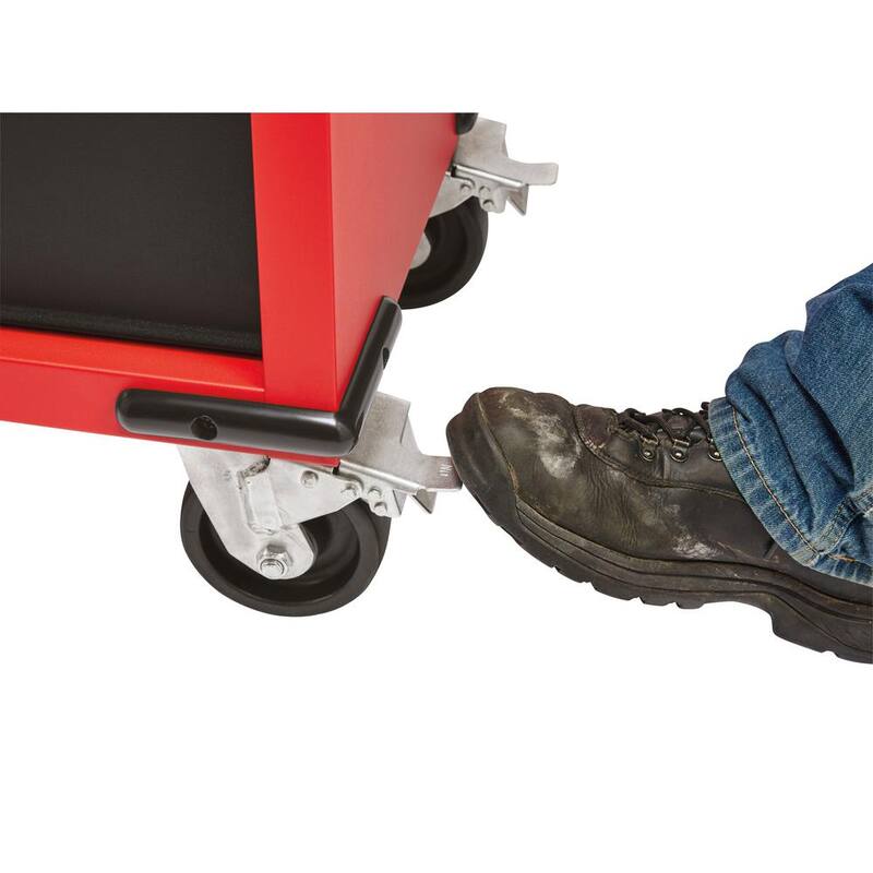 Mesa de trabajo móvil de 61 pulgadas con 11 cajones/1 puerta y panel trasero de tablero corredizo en rojo/negro - 48-22-8561