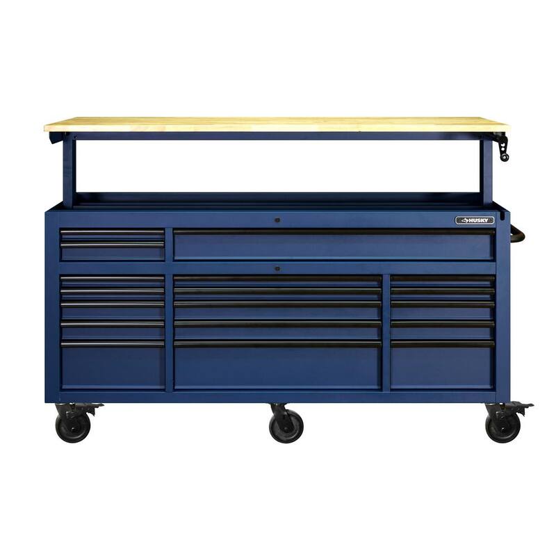 Almacenamiento para herramientas Husky de 72 pulgadas de ancho con banco de trabajo móvil de gabinete en azul mate resistente de altura ajustable con superficie de madera sólida - HOLC7218BL1M