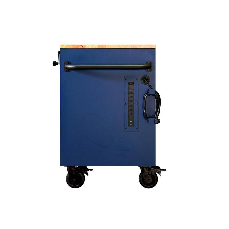 Almacenamiento para herramientas Husky de 72 pulgadas de ancho con banco de trabajo móvil de gabinete en azul mate resistente de altura ajustable con superficie de madera sólida - HOLC7218BL1M