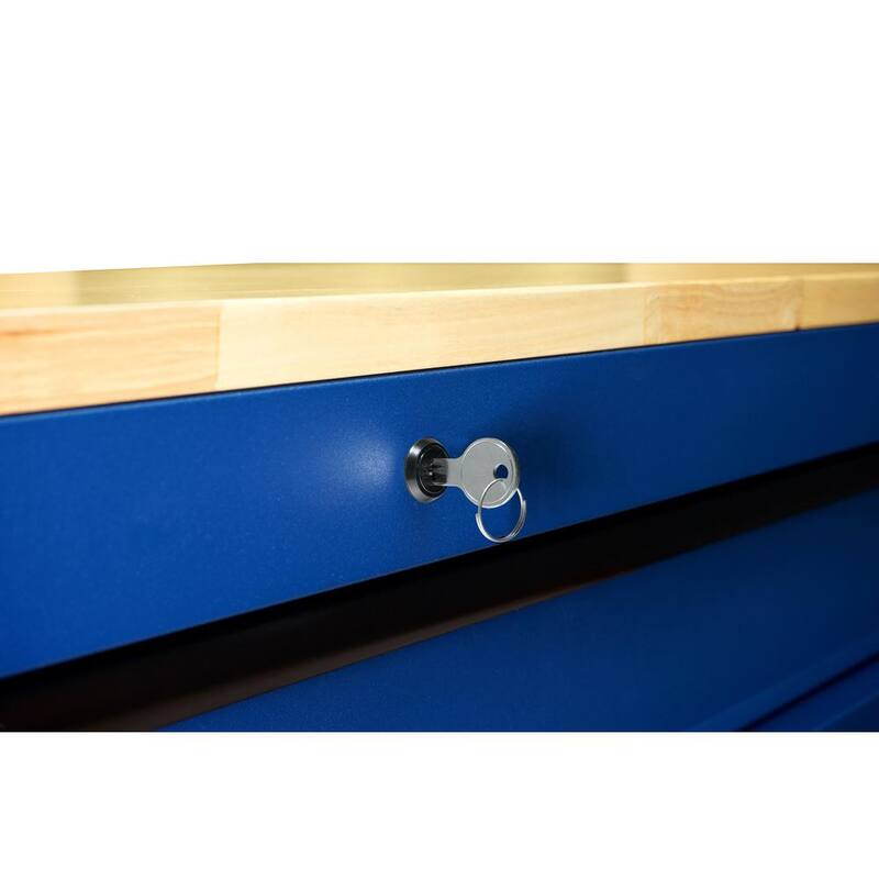 Almacenamiento para herramientas Husky de 72 pulgadas de ancho con banco de trabajo móvil de gabinete en azul mate resistente de altura ajustable con superficie de madera sólida - HOLC7218BL1M