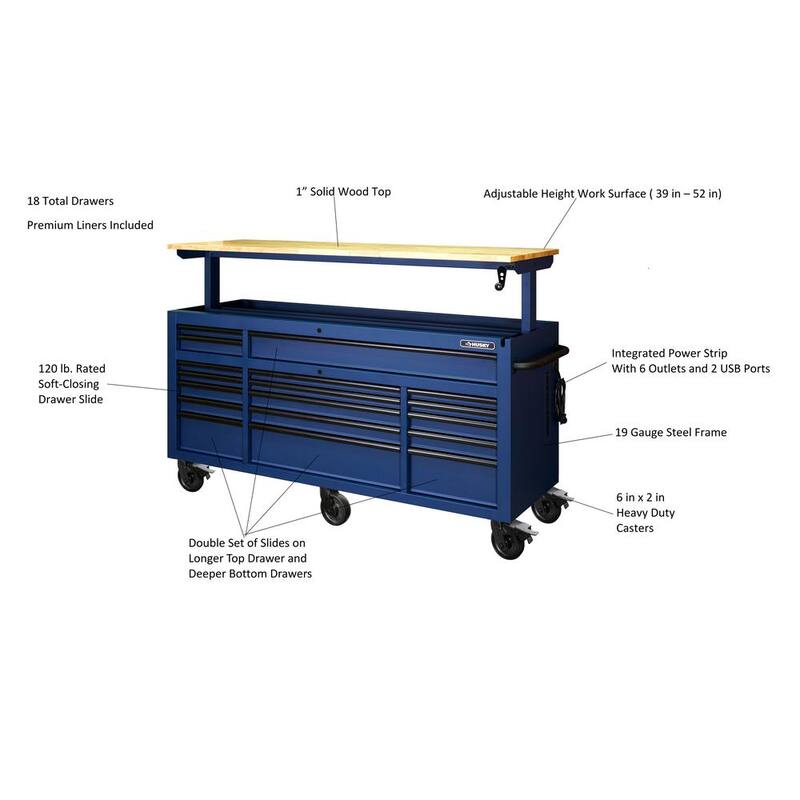 Almacenamiento para herramientas Husky de 72 pulgadas de ancho con banco de trabajo móvil de gabinete en azul mate resistente de altura ajustable con superficie de madera sólida - HOLC7218BL1M