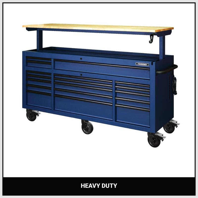 Almacenamiento para herramientas Husky de 72 pulgadas de ancho con banco de trabajo móvil de gabinete en azul mate resistente de altura ajustable con superficie de madera sólida - HOLC7218BL1M