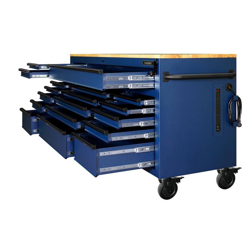 Almacenamiento para herramientas Husky de 72 pulgadas de ancho con banco de trabajo móvil de gabinete en azul mate resistente de altura ajustable con superficie de madera sólida - HOLC7218BL1M