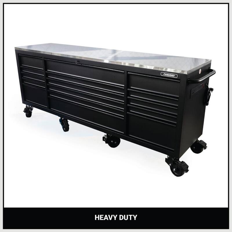 Banco de trabajo móvil pesado de 16 cajones con parte superior de acero inoxidable en negro mate de 96 pulgadas de ancho x 24 pulgadas de profundidad - HOTC9616BB1M