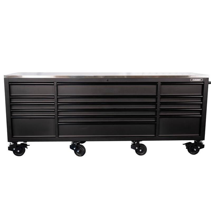 Banco de trabajo móvil pesado de 16 cajones con parte superior de acero inoxidable en negro mate de 96 pulgadas de ancho x 24 pulgadas de profundidad - HOTC9616BB1M