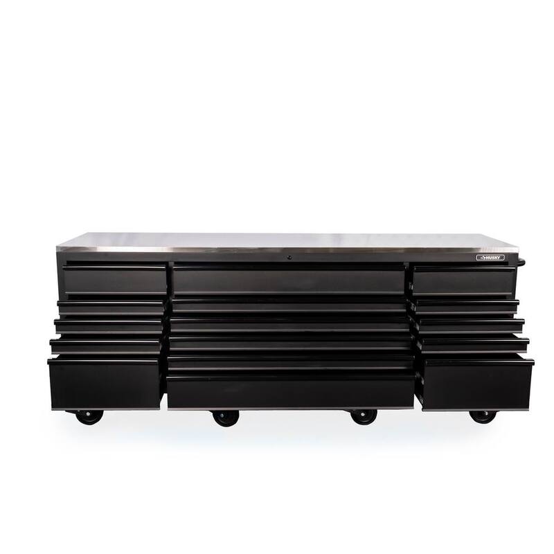 Banco de trabajo móvil pesado de 16 cajones con parte superior de acero inoxidable en negro mate de 96 pulgadas de ancho x 24 pulgadas de profundidad - HOTC9616BB1M