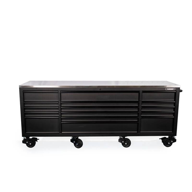 Banco de trabajo móvil pesado de 16 cajones con parte superior de acero inoxidable en negro mate de 96 pulgadas de ancho x 24 pulgadas de profundidad - HOTC9616BB1M