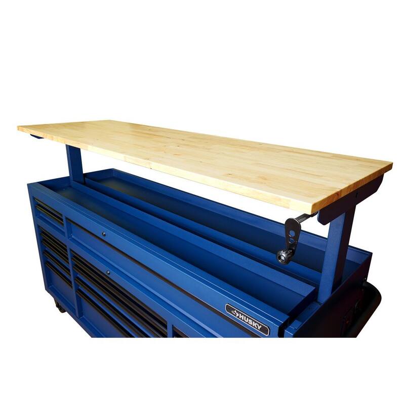 Mesa de trabajo móvil Husky de 72 pulg. de ancho x 24 pulg. de profundidad con 18 cajones resistentes y juego de herramientas para mecánicos en azul mate - H1025TB72BLUCB