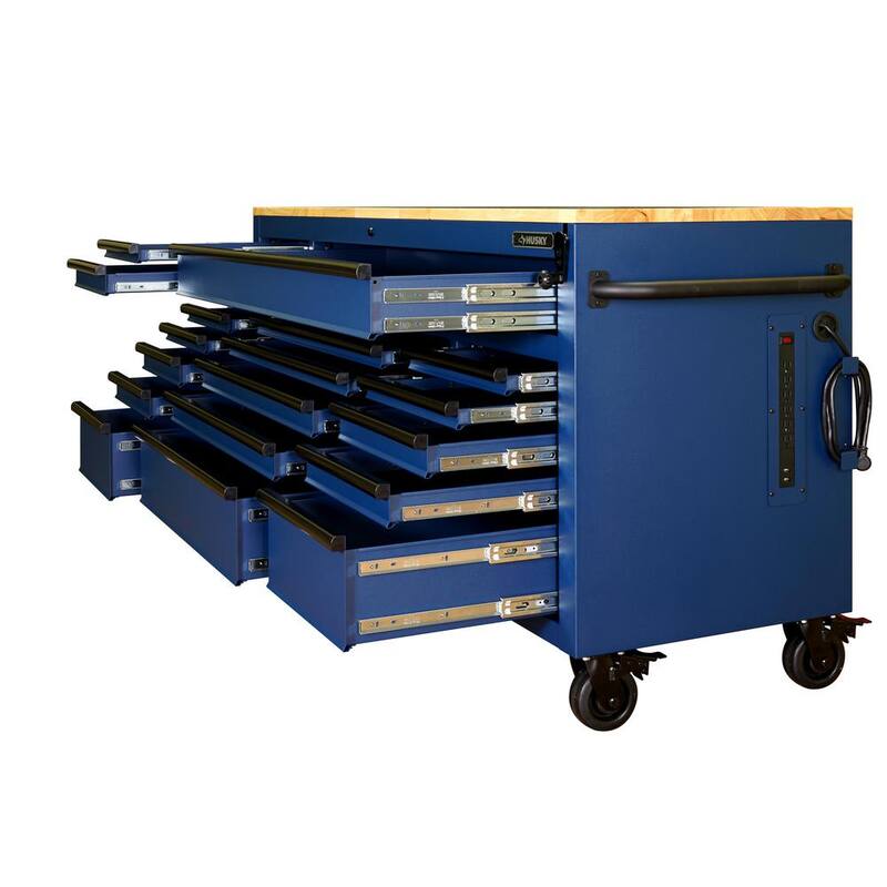 Mesa de trabajo móvil Husky de 72 pulg. de ancho x 24 pulg. de profundidad con 18 cajones resistentes y juego de herramientas para mecánicos en azul mate - H1025TB72BLUCB