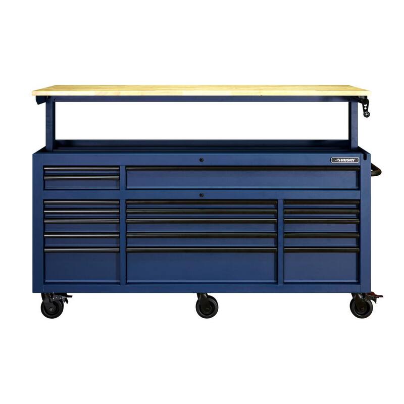 Mesa de trabajo móvil Husky de 72 pulg. de ancho x 24 pulg. de profundidad con 18 cajones resistentes y juego de herramientas para mecánicos en azul mate - H1025TB72BLUCB