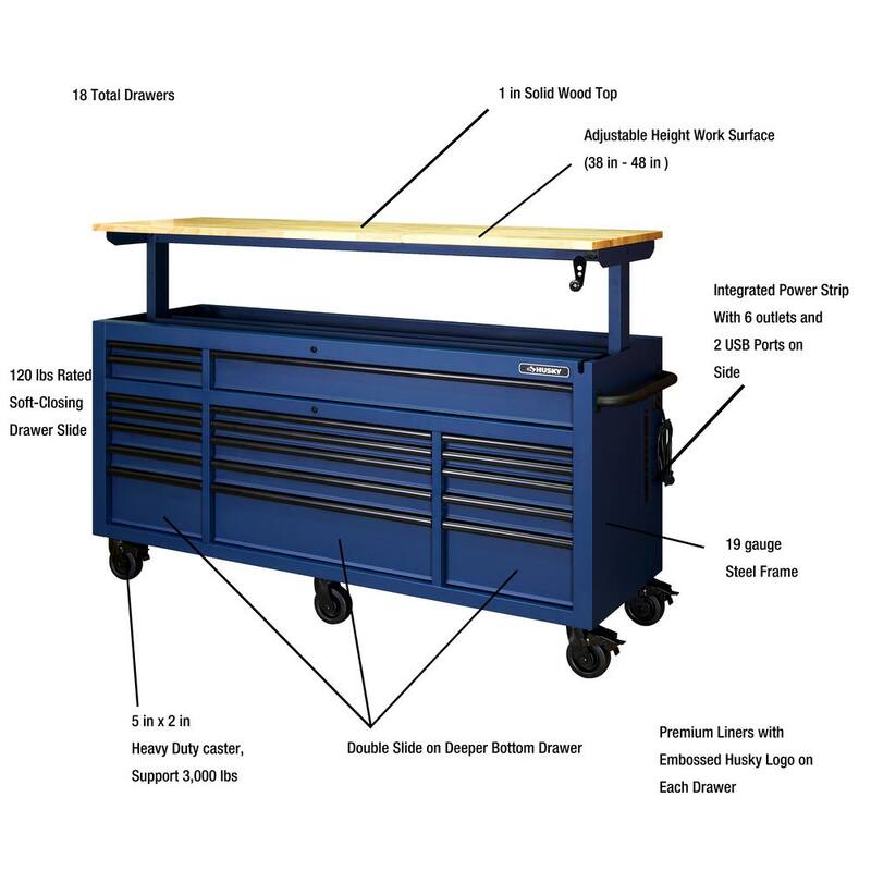 Mesa de trabajo móvil Husky de 72 pulg. de ancho x 24 pulg. de profundidad con 18 cajones resistentes y juego de herramientas para mecánicos en azul mate - H1025TB72BLUCB