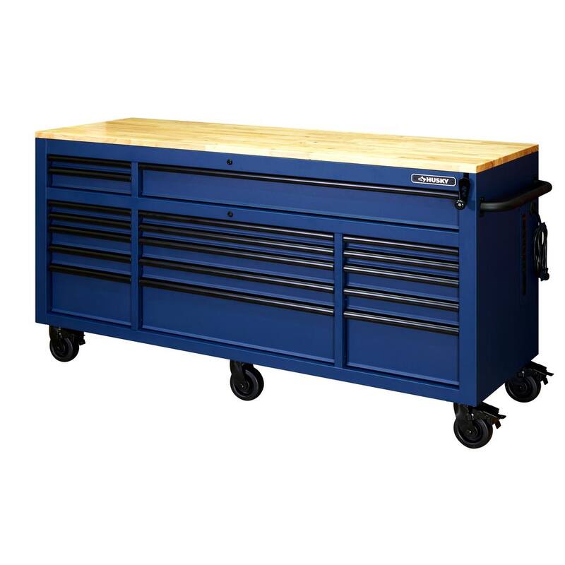 Mesa de trabajo móvil Husky de 72 pulg. de ancho x 24 pulg. de profundidad con 18 cajones resistentes y juego de herramientas para mecánicos en azul mate - H1025TB72BLUCB