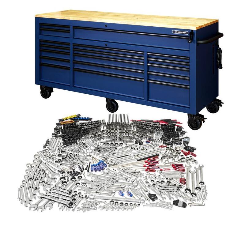 Mesa de trabajo móvil Husky de 72 pulg. de ancho x 24 pulg. de profundidad con 18 cajones resistentes y juego de herramientas para mecánicos en azul mate - H1025TB72BLUCB