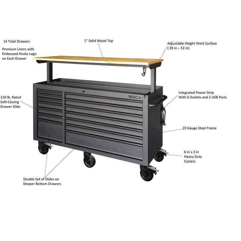 Gabinete de banco de trabajo móvil Husky de 62 pulgadas de ancho con altura ajustable y parte superior de madera - HOLC6214BB1MYS