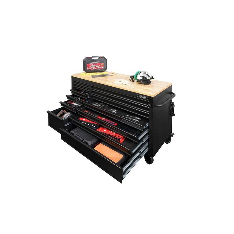 Gabinete de banco de trabajo móvil Husky de 62 pulgadas de ancho con altura ajustable y parte superior de madera - HOLC6214BB1MYS