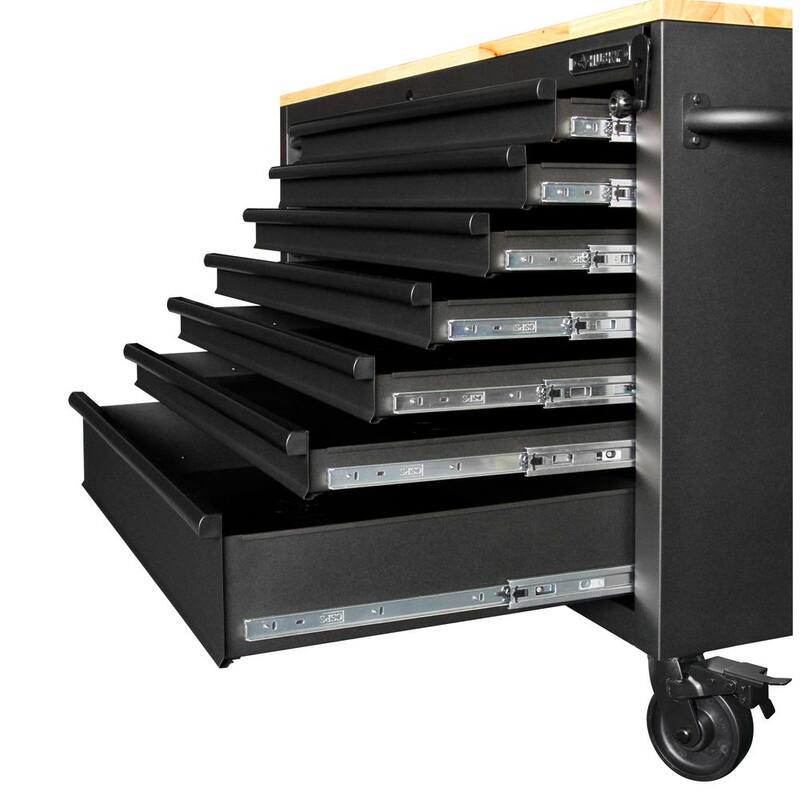 Gabinete de banco de trabajo móvil Husky de 62 pulgadas de ancho con altura ajustable y parte superior de madera - HOLC6214BB1MYS