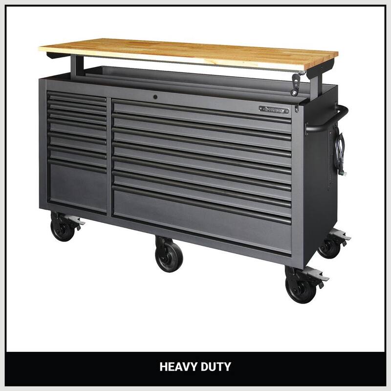 Gabinete de banco de trabajo móvil Husky de 62 pulgadas de ancho con altura ajustable y parte superior de madera - HOLC6214BB1MYS