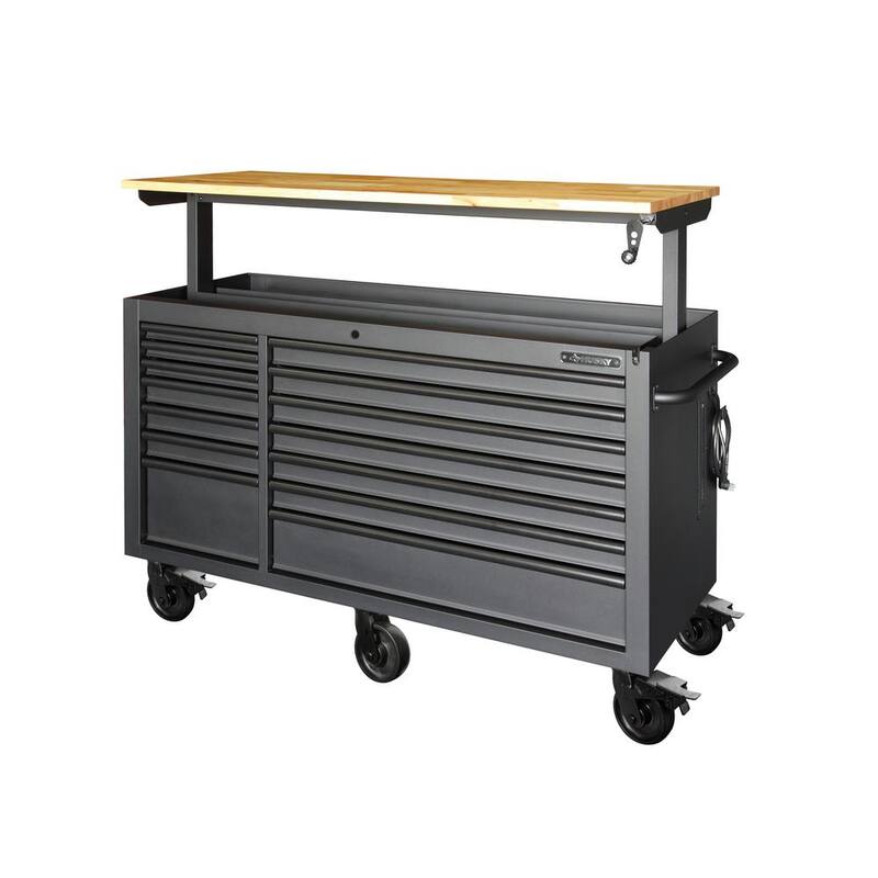 Gabinete de banco de trabajo móvil Husky de 62 pulgadas de ancho con altura ajustable y parte superior de madera - HOLC6214BB1MYS