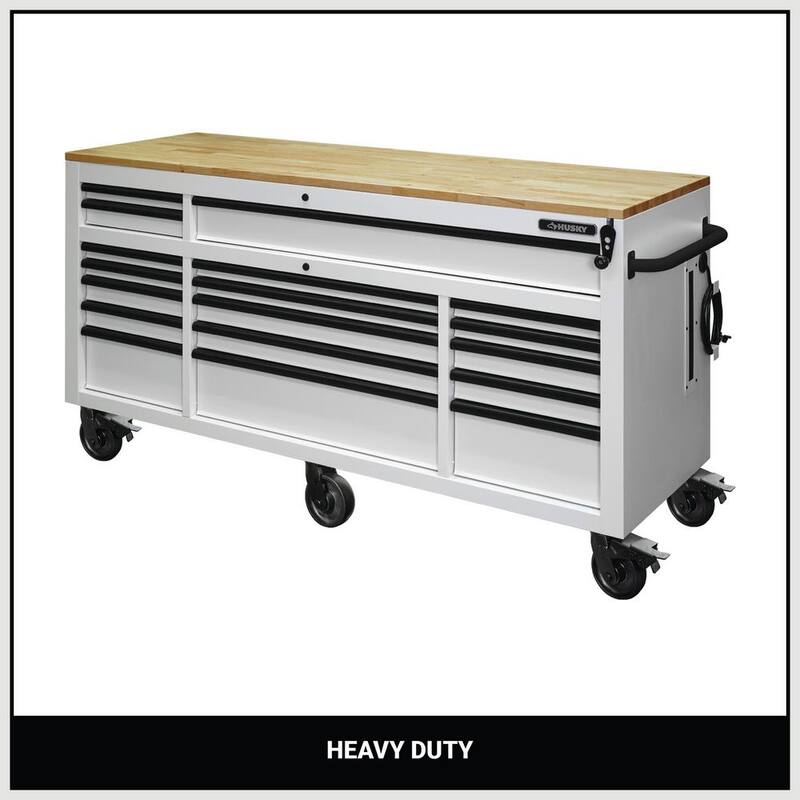 Almacenamiento de herramientas Husky 72 pulgadas de ancho x 24 pulgadas de profundidad 18 cajones Banco de trabajo móvil de altura ajustable de servicio pesado en gabinete blanco mate - HOLC7218BT1M