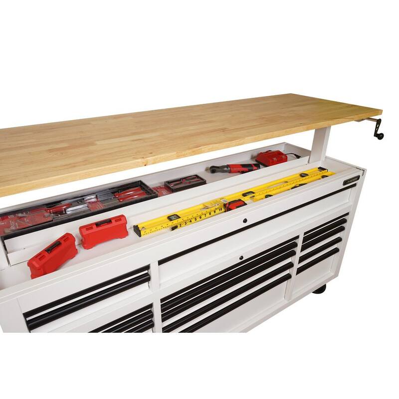 Almacenamiento de herramientas Husky 72 pulgadas de ancho x 24 pulgadas de profundidad 18 cajones Banco de trabajo móvil de altura ajustable de servicio pesado en gabinete blanco mate - HOLC7218BT1M