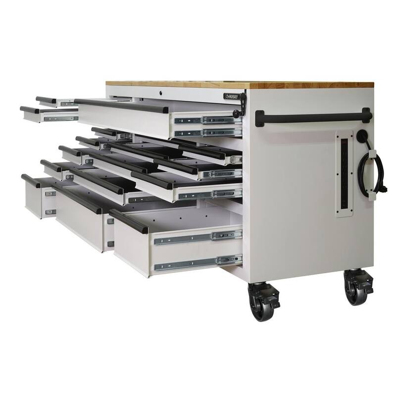 Almacenamiento de herramientas Husky 72 pulgadas de ancho x 24 pulgadas de profundidad 18 cajones Banco de trabajo móvil de altura ajustable de servicio pesado en gabinete blanco mate - HOLC7218BT1M