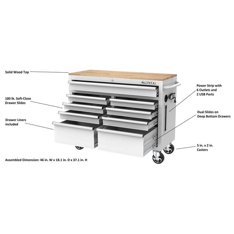 Almacenamiento de herramientas Husky 46 pulgadas de ancho x 18 pulgadas de profundidad 9 cajones gabinete de banco de trabajo móvil brillante blanco - H46X18MWC9WHT.