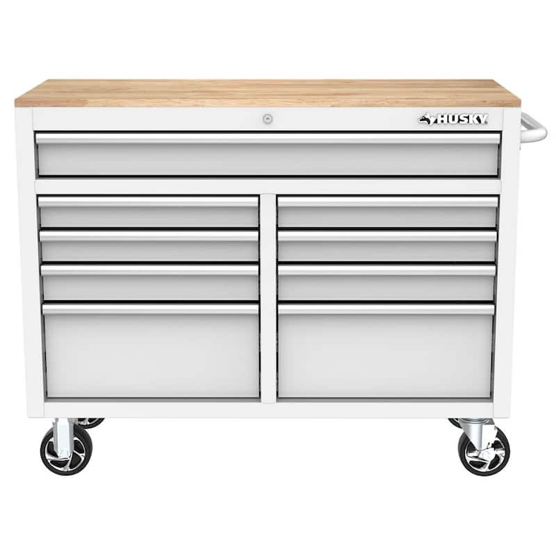 Almacenamiento de herramientas Husky 46 pulgadas de ancho x 18 pulgadas de profundidad 9 cajones gabinete de banco de trabajo móvil brillante blanco - H46X18MWC9WHT.