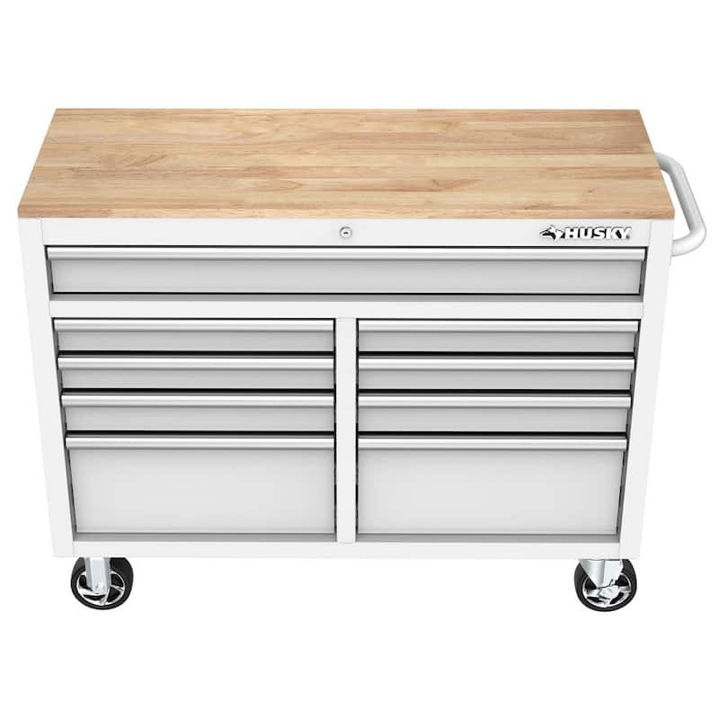 Almacenamiento de herramientas Husky 46 pulgadas de ancho x 18 pulgadas de profundidad 9 cajones gabinete de banco de trabajo móvil brillante blanco - H46X18MWC9WHT.
