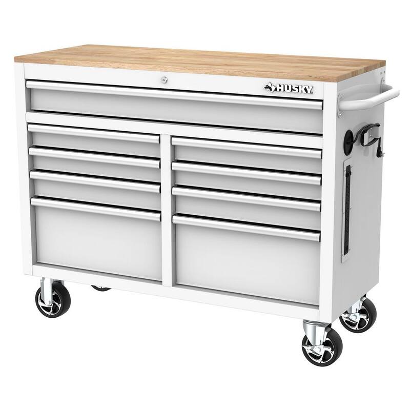Almacenamiento de herramientas Husky 46 pulgadas de ancho x 18 pulgadas de profundidad 9 cajones gabinete de banco de trabajo móvil brillante blanco - H46X18MWC9WHT.
