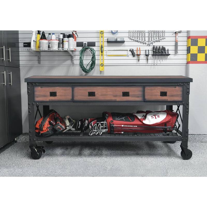 Duramax Building Products 72 pulgadas de ancho x 24 pulgadas de profundidad 3 cajones Rodante Gabinete de banco de trabajo móvil industrial con tapa de madera - 68001