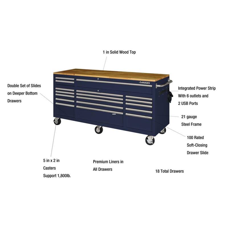 Almacenamiento de herramientas Husky de 72 pulgadas W de deber estándar, banco de trabajo móvil con cofre de herramientas, color azul brillante - HOTC7218B31M