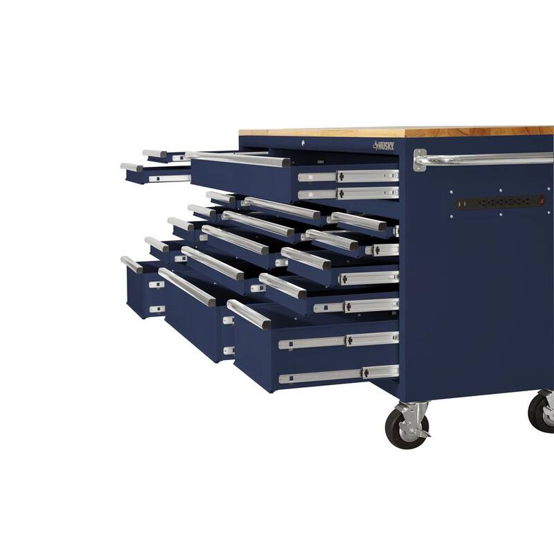 Almacenamiento de herramientas Husky de 72 pulgadas W de deber estándar, banco de trabajo móvil con cofre de herramientas, color azul brillante - HOTC7218B31M