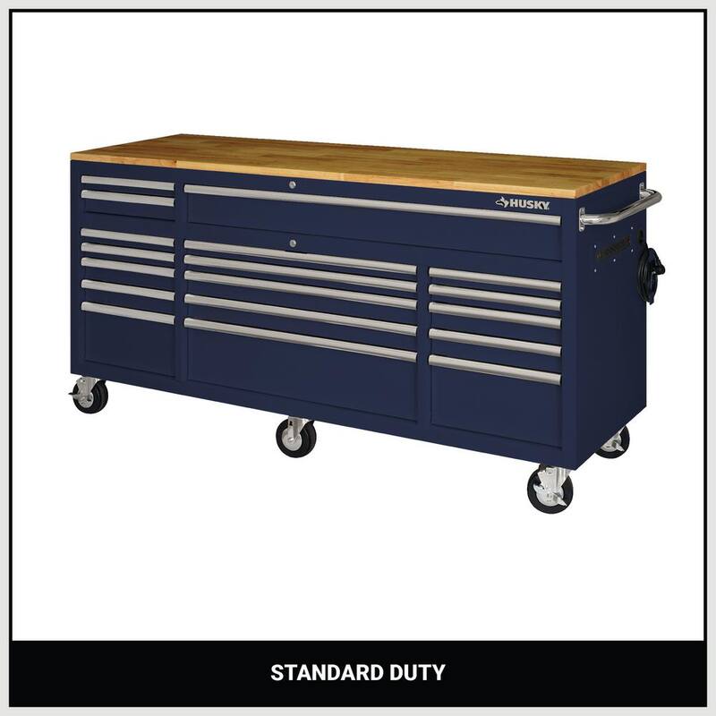 Almacenamiento de herramientas Husky de 72 pulgadas W de deber estándar, banco de trabajo móvil con cofre de herramientas, color azul brillante - HOTC7218B31M