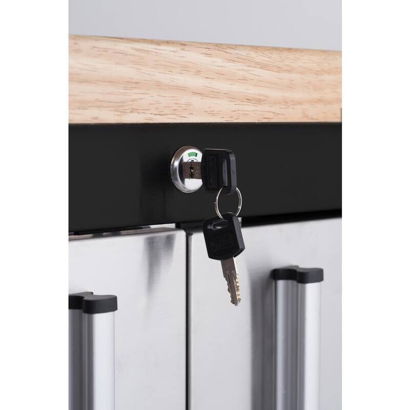 Banco de trabajo negro de acero inoxidable con rodillos de 8 cajones y encimera de bloque de carnicero de 72 pulg. de ancho y 19 pulg. de profundidad - TLS-7205