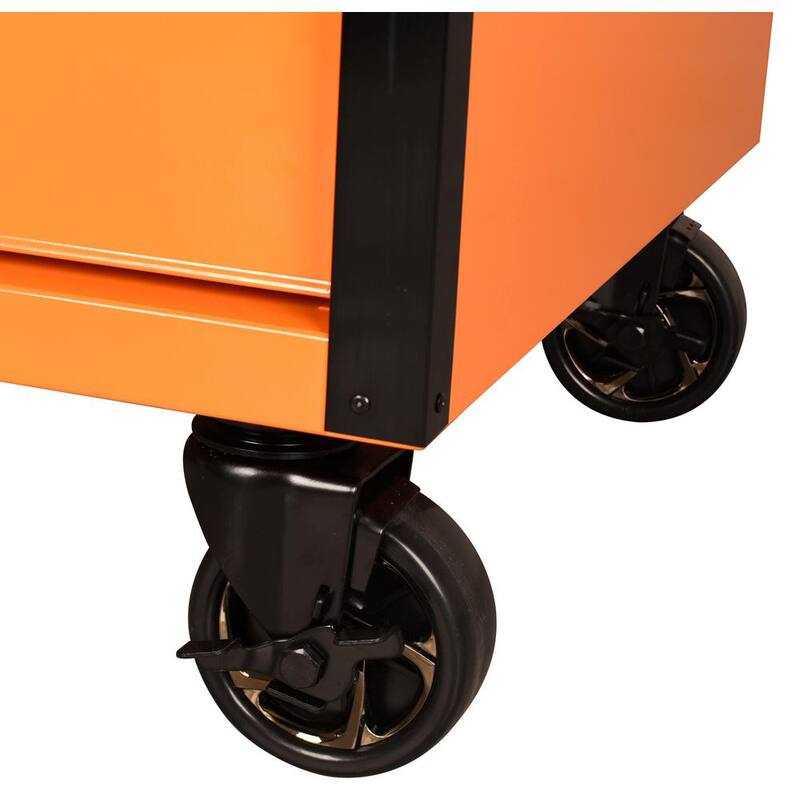 Banco de trabajo móvil de 10 cajones de servicio estándar de 52 pulgadas de ancho x 24.5 pulgadas de profundidad con parte superior de trabajo de madera sólida en color naranja brillante - H52MWC10ORG