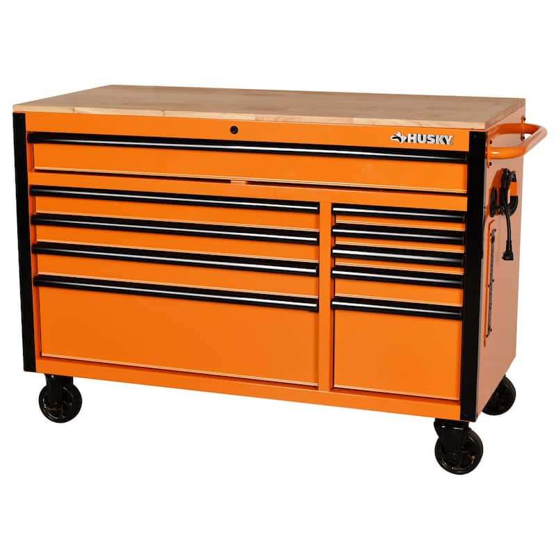 Banco de trabajo móvil de 10 cajones de servicio estándar de 52 pulgadas de ancho x 24.5 pulgadas de profundidad con parte superior de trabajo de madera sólida en color naranja brillante - H52MWC10ORG