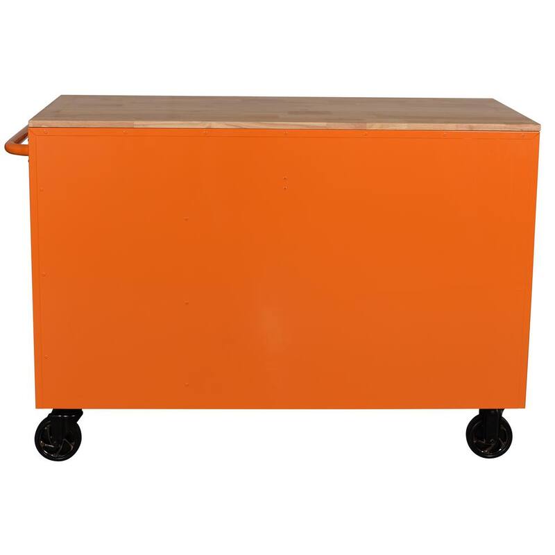 Banco de trabajo móvil de 10 cajones de servicio estándar de 52 pulgadas de ancho x 24.5 pulgadas de profundidad con parte superior de trabajo de madera sólida en color naranja brillante - H52MWC10ORG