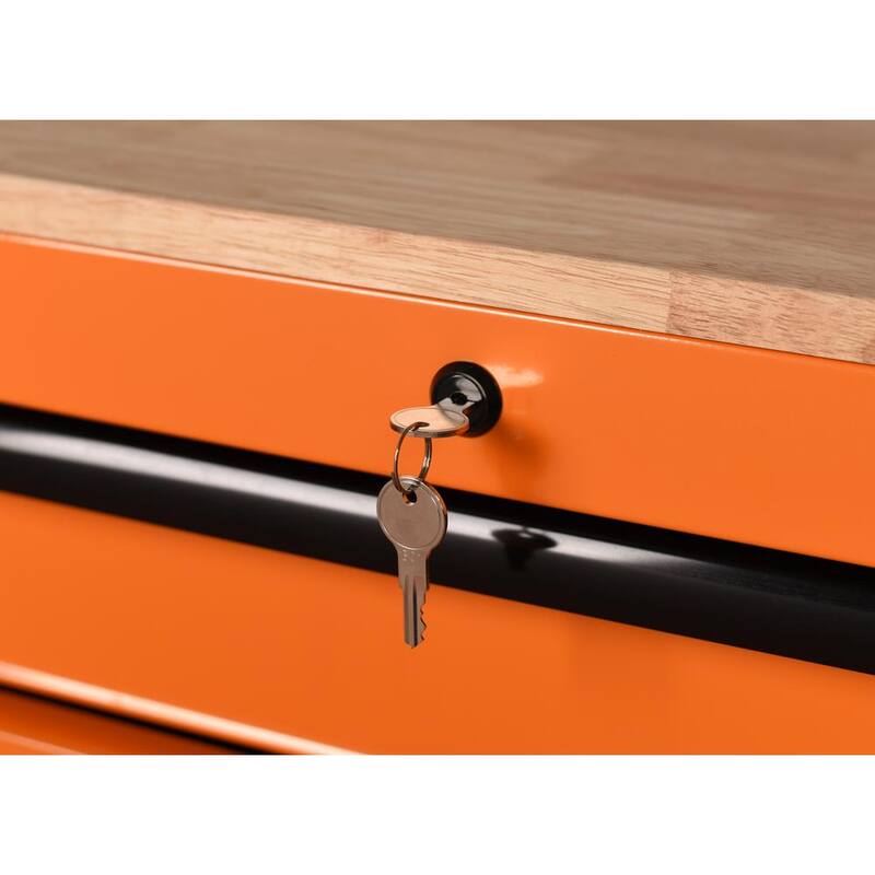 Banco de trabajo móvil de 10 cajones de servicio estándar de 52 pulgadas de ancho x 24.5 pulgadas de profundidad con parte superior de trabajo de madera sólida en color naranja brillante - H52MWC10ORG