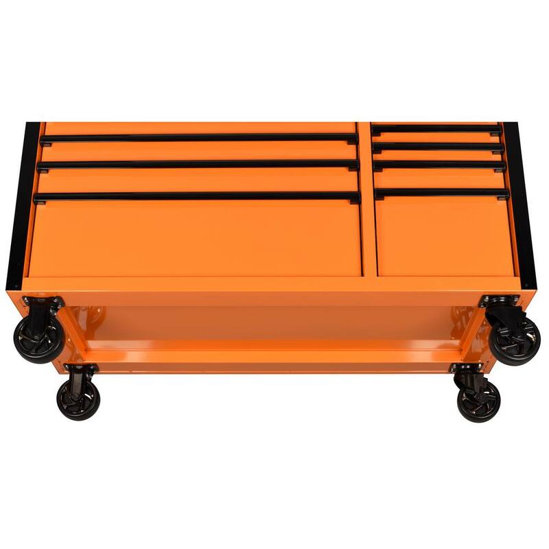 Banco de trabajo móvil de 10 cajones de servicio estándar de 52 pulgadas de ancho x 24.5 pulgadas de profundidad con parte superior de trabajo de madera sólida en color naranja brillante - H52MWC10ORG