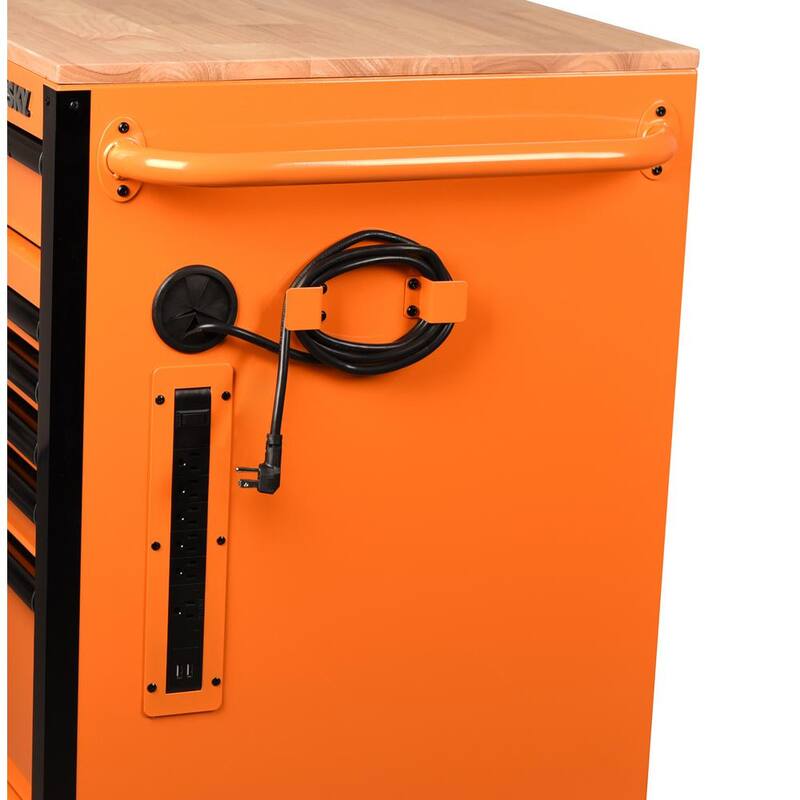 Banco de trabajo móvil de 10 cajones de servicio estándar de 52 pulgadas de ancho x 24.5 pulgadas de profundidad con parte superior de trabajo de madera sólida en color naranja brillante - H52MWC10ORG