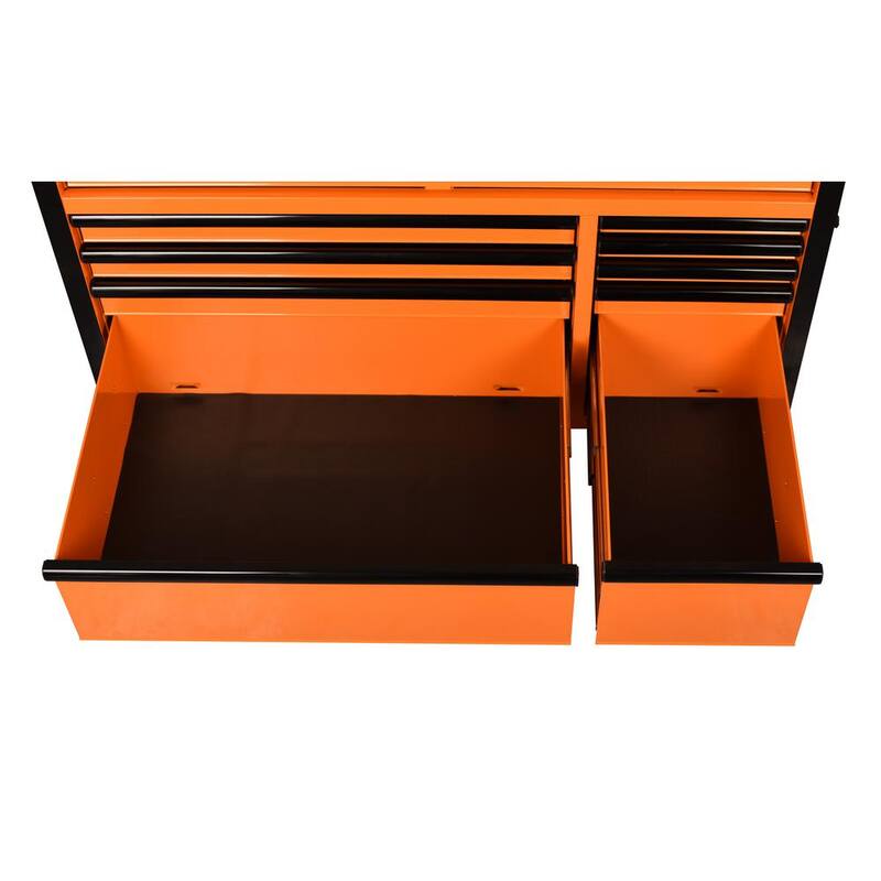 Banco de trabajo móvil de 10 cajones de servicio estándar de 52 pulgadas de ancho x 24.5 pulgadas de profundidad con parte superior de trabajo de madera sólida en color naranja brillante - H52MWC10ORG