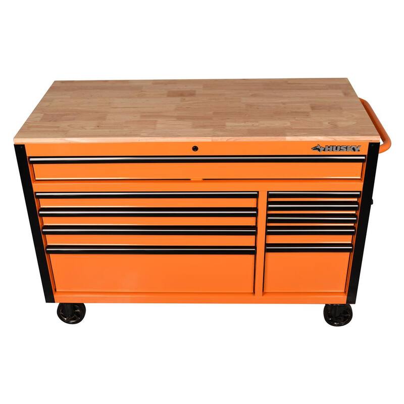 Banco de trabajo móvil de 10 cajones de servicio estándar de 52 pulgadas de ancho x 24.5 pulgadas de profundidad con parte superior de trabajo de madera sólida en color naranja brillante - H52MWC10ORG