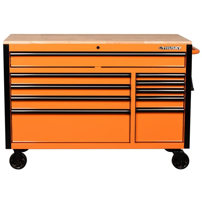 Banco de trabajo móvil de 10 cajones de servicio estándar de 52 pulgadas de ancho x 24.5 pulgadas de profundidad con parte superior de trabajo de madera sólida en color naranja brillante - H52MWC10ORG